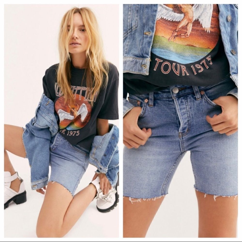 We The Free Button Fly Blue Distressed Denim Cutoff Shorts Festival Conc…